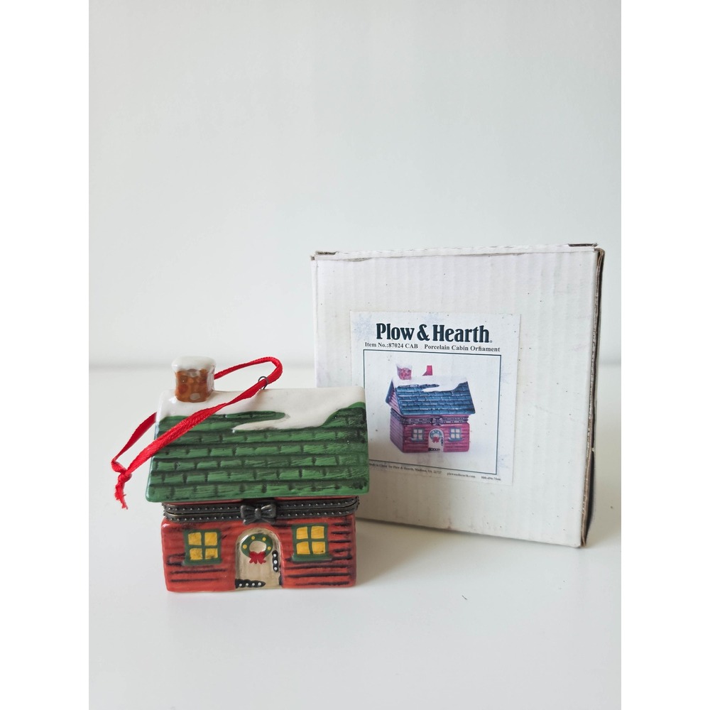 Plow & Hearth Porcelain Cabin Ornament Hinged Trinket Box Christmas